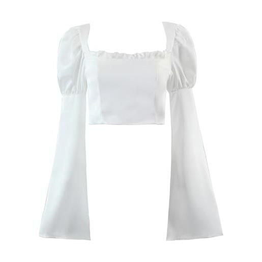 Generic top a maniche lunghe con collo quadrato da donna camicia autunnale corta svasata a maniche lunghe con spacco-bianco-m