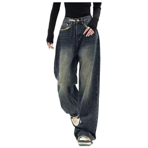 Ventouse jeans baggy vintage casual per donne stile y2k, pantaloni in denim a vita alta harajuku e-girl streetwear (color: blue, size: m)