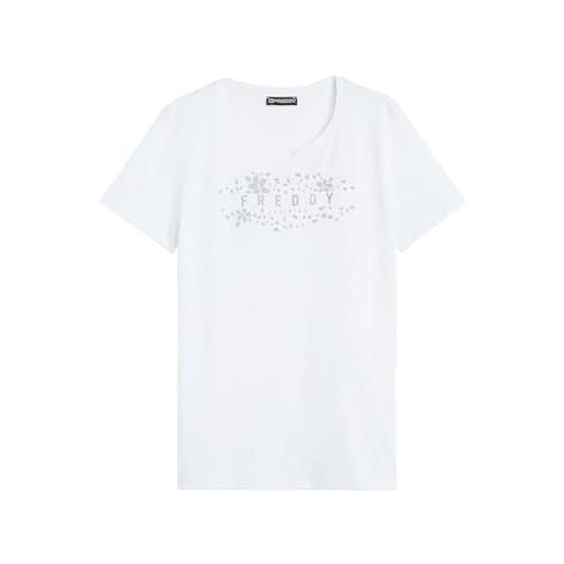 FREDDY - t-shirt in jersey leggero con grafica floreale e glitter, donna, bianco, large