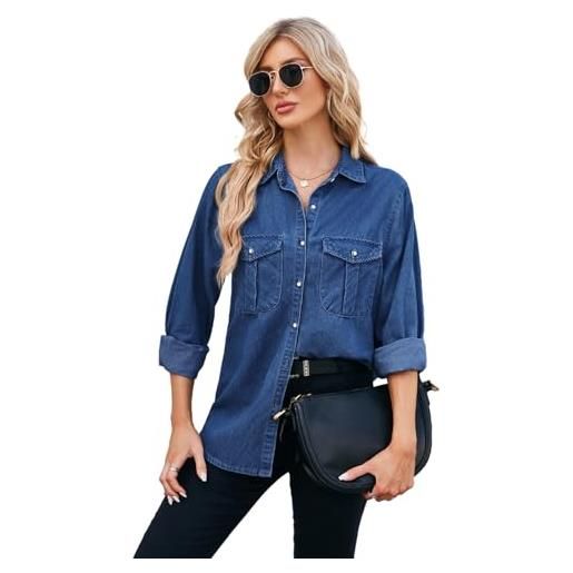 WINDEHAO camicia casual da donna in denim lavato con bottoni, camicetta in jeans western, a maniche lunghe, leggera, in denim, blu scuro, m