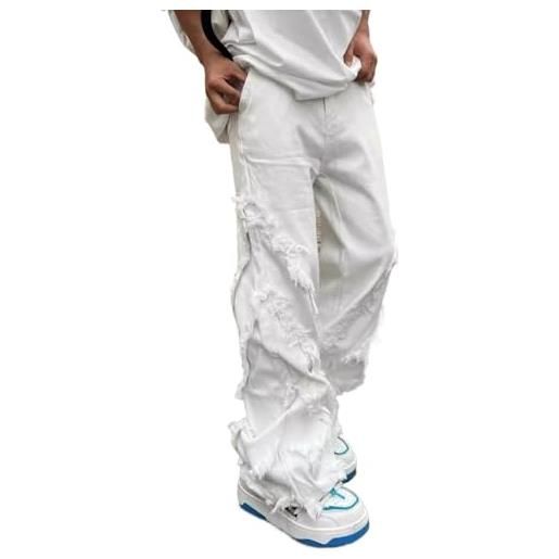 SpeesY stile erosione danni jeans da strada con bordo grezzo jeans da uomo stile harajuku stile hip-hop danza dritta bianca abbigliamento da uomo (color: black, size: m)