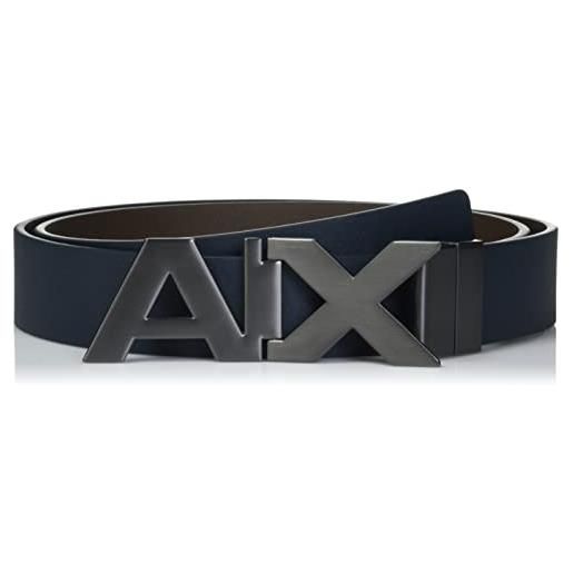 Armani Exchange split leather double sided large logo belt cintura, blu navy/marrone scuro, 36 uomo