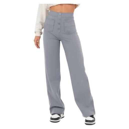 KaiJiaXJie high waisted button multiple pockets straight leg casual pants, women loose elastic cargo trousers. (gray, s)