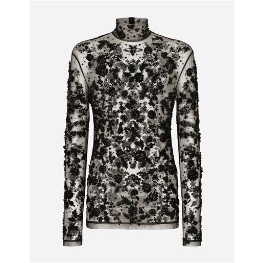 Dolce & Gabbana t-shirt collo alto in tulle ricami paillettes