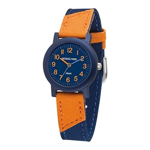JACQUES FAREL orologio da polso per bambini, analogico, al quarzo, con cinturino in tessuto biologico, blu scuro, arancione, compatibile org 1469, blu, cinghia