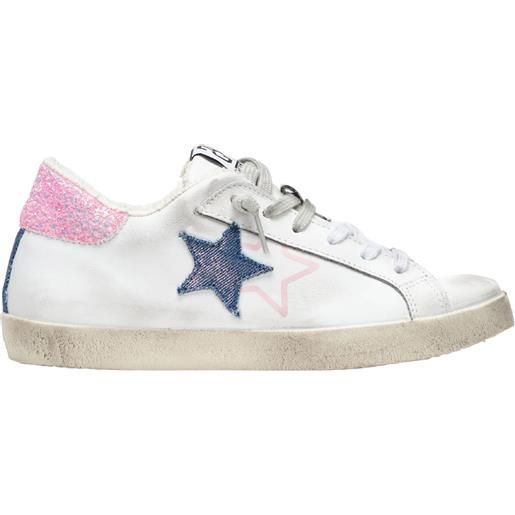 2STAR sneakers low in pelle bianca con dettagli in glitter rosa e blue jeans