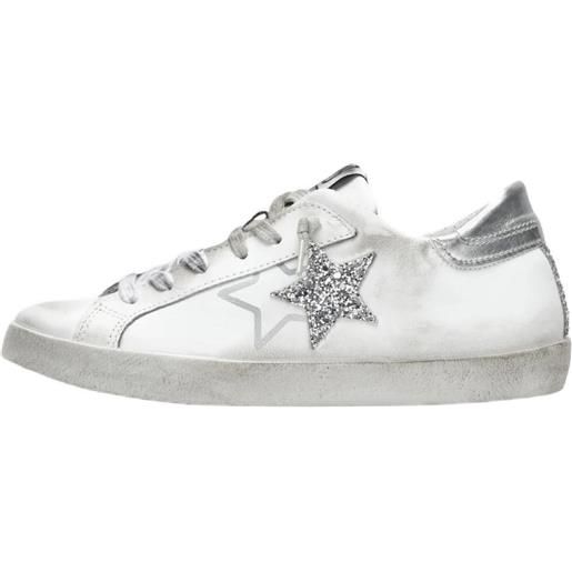 2STAR sneakers low in pelle bianca con dettagli glitter argento