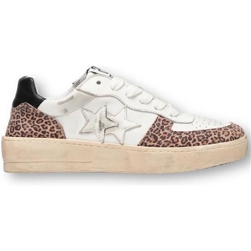 2STAR sneakers padel in pelle bianca con dettagli in crosta leopardata