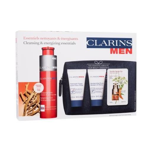 Clarins men energizing gel cofanetti gel viso energizing gel 50 ml + gel detergente viso active face wash 30 ml + shampoo e doccia gel shampoo & shower 30 ml + siero occhi double serum eye 0,9 ml + borsa cosmetica per uomo