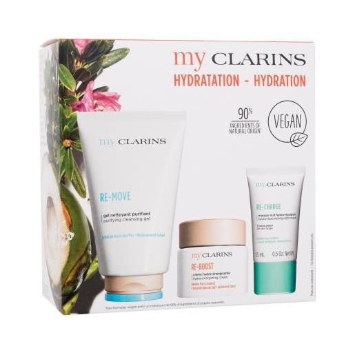 Clarins my Clarins hydration cofanetti gel detergente re-move purifying cleansing gel 125 ml + crema viso re-boost hydra-energizing cream 50 ml + maschera notte re-charge hydra-replumping night mask 15 ml per donna