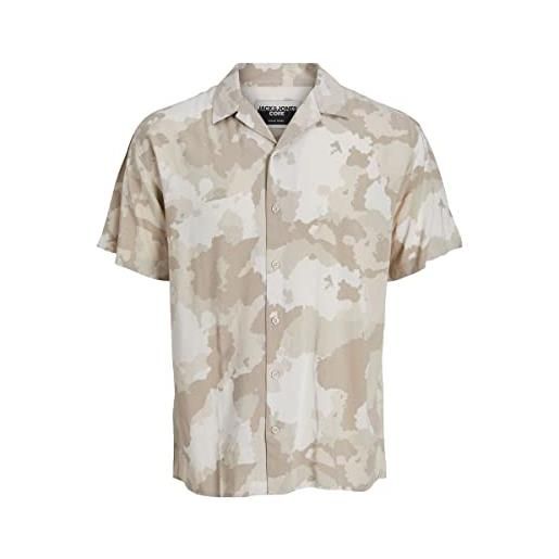 JACK & JONES camicia in tessuto leggero camouflage, vestibilità over maniche corte. Beige beige camouflage