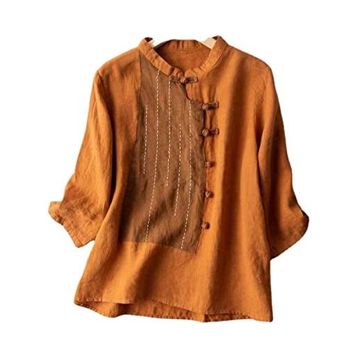 HanzhuoLG camicia da donna in lino di cotone artistico retrò letterario camicie a maniche a 3/4 con bottoni a rana in stile etnico cinese arancione m
