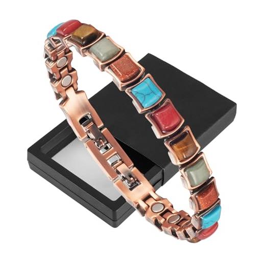 YINOX braccialetto magnetico da donna, in puro rame, con 20 magneti e pietre turche, stile colorato, idea regalo, 20.5 cm, acciaio inossidabile rame