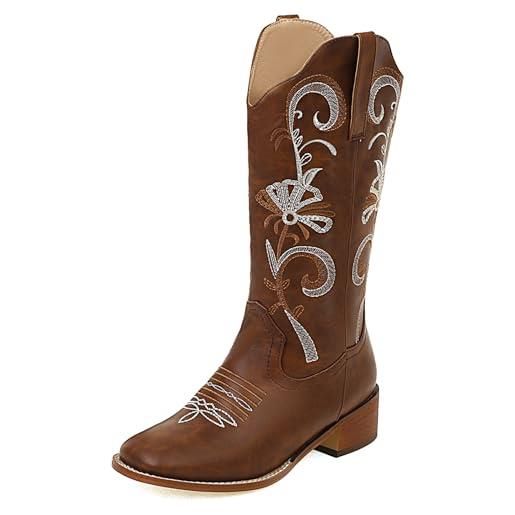 NeelyRisey comfortable low heels cowboy boots embroidered for women pull on cowgirl boots mid calf tan boots western mexican boots brown 7