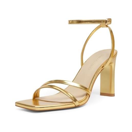 MIRAAZZURRA sandali da donna con tacco alto quadrato a punta aperta con cinturino alla caviglia per abiti da festa, gold, 39 eu