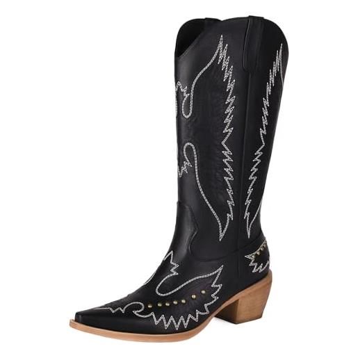 NeelyRisey classic pull on cowboy boots embroidered women mid calf cowboy boots mid heels black western boots studded cowgirl boots black 9.5