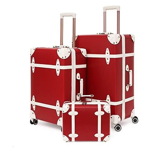 Nzbz set di valigie da viaggio vintage con ruote, realizzato a mano in pelle leggera, lucchetto a combinazione tsa, manico telescopico, 8 ruote, set da 3 pezzi (s-m-xl), colore: rosso, stile vintage