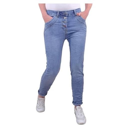 Karostar jeans elasticizzati da donna, pantaloni boyfriend con bottoni decorativi, pantaloni in denim mid rise a 5 tasche, mid blu, xl