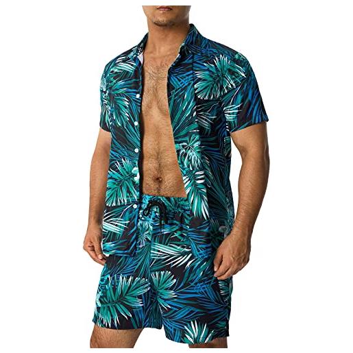 Qtinghua camicia da uomo stampata hawaiana set casual abbottonato camicia a maniche corte e pantaloncini tuta estiva da spiaggia, a-blu, s