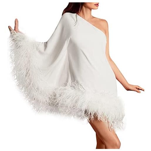 FeMereina abito sexy da donna con maniche lunghe in pelliccia sintetica aderente mini club con orlo asimmetrico, bianco, s