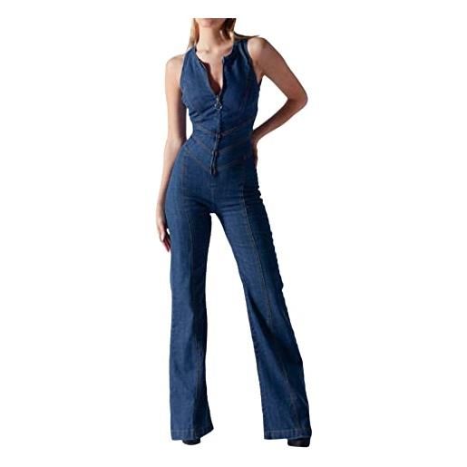 Generic jeans tuta da donna stretch pantaloni jeans sexy eleganti tuta in jeans skinny tuta lunga playsuit senza maniche casual body vintage senza schiena scoperta jeans tuta denim, blu, s