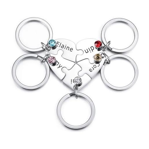 INBLUE set di portachiavi in acciaio inox personalizzato 2-5 nomi cuore puzzle pezzi - nome personalizzato regali per donne (argento - 5 pezzi & pietre di nascita)