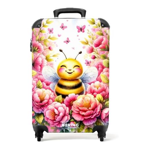 NoBoringSuitcases.com © valigia per bambini da viaggio con ruote, valigia trolley, guscio rigido, bagaglio a mano in 24 immagini (ape sorridente tra fiori rosa, 55x40x20 cm)