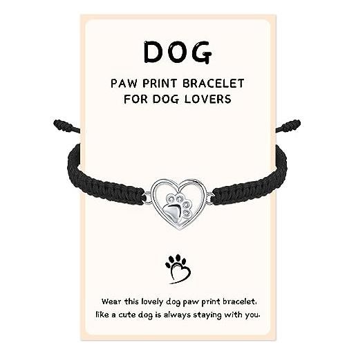 J.Endéar cane zampa bracciale per le donne ragazze argento 925 cuore zampa stampa artigianale gioielli in corda per gli amanti degli animali domestici cane, nero
