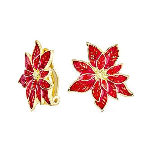 Bling Jewelry festa di natale orecchini a clip a forma di fiore a forma di poinsettia smaltati rossi per donne senza fori alle orecchie - placcati in oro 14k