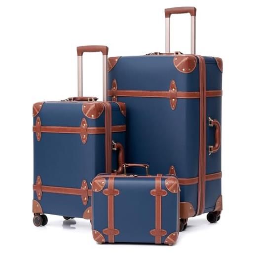 Nzbz set di valigie da viaggio vintage con ruote, realizzato a mano in pelle leggera, lucchetto a combinazione tsa, manico telescopico, 8 ruote, set da 3 pezzi (s-m-xl), blu, stile vintage