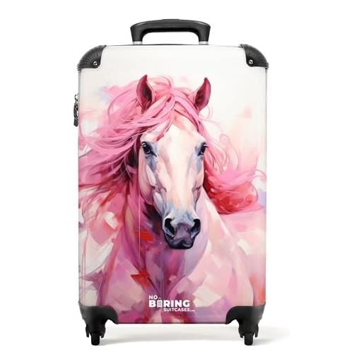 NoBoringSuitcases.com © valigia per bambini da viaggio con ruote, valigia trolley, guscio rigido, bagaglio a mano in 24 immagini (vista frontale di un cavallo rosa in acquerello, 55x40x20 cm)