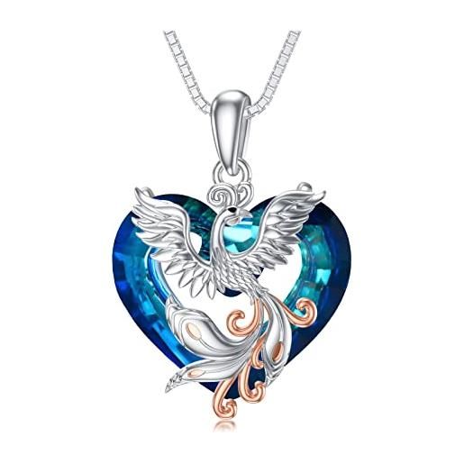 Flpruy fenice/rosa, collana da donna in argento sterling 925, con ciondolo a forma di cuore, con cristalli blu, per donne, ragazze, regali di compleanno, cristallo
