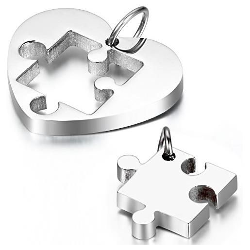 Cupimatch 2-pieces coppie collana argento in acciaio inox love cuore puzzle ciondolo coordinato con catena 54cm 45cm