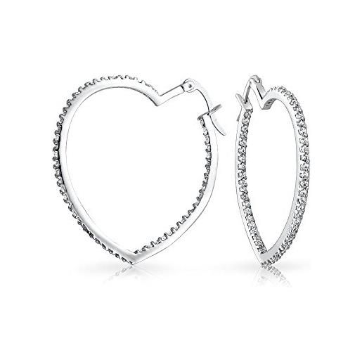 Bling Jewelry cuore a forma di interno fuori cubic zirconia pave cz grandi orecchini a cerchio per le donne fidanzata tono argento ottone 1,5 nel diametro