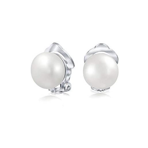 Bling Jewelry clip di perla d'acqua dolce bianca coltivata su orecchini a sfera per le donne. 925 orecchio non forato d'argento sterlina