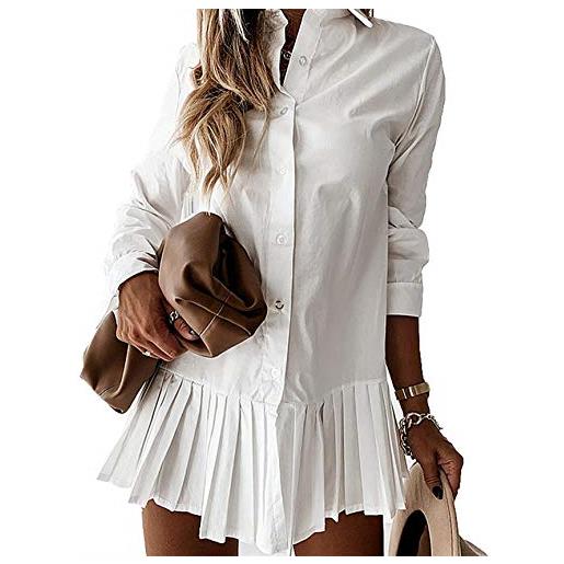 WangsCanis vestito camicia donna abito camicia a maniche lunghe con gonna a pieghe con bottoni collo a risvolto casual elegante vintage (bianco, xxxl)