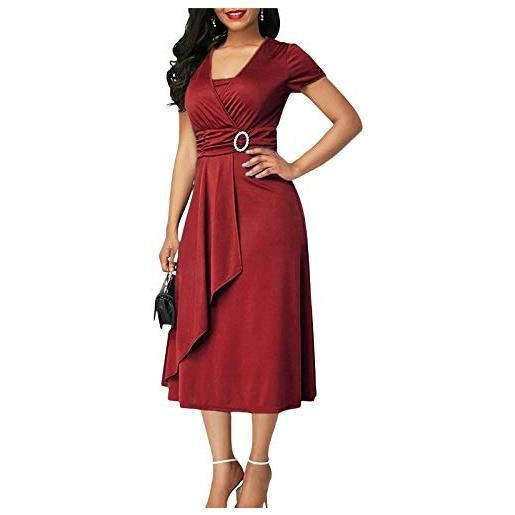 WangsCanis abito da sera cerimonia donna estivo midi abito lungo scollo a v maniche corte a vita alta vestito elegante vintage (vino rosso, xl)