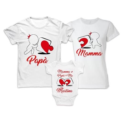 Bulabadoo tris t-shirt body neonato nome personalizzato pezzi puzzle mamma + papà = me cuore bimbo 3 famiglia