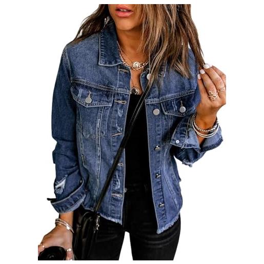 Yeooa giacca di jeans da donna giacca di jeans alla moda sottile elasticizzata leggera giacca corta di jeans lavata con bordo vivo con bottoni casual a maniche lunghe (blu, s)