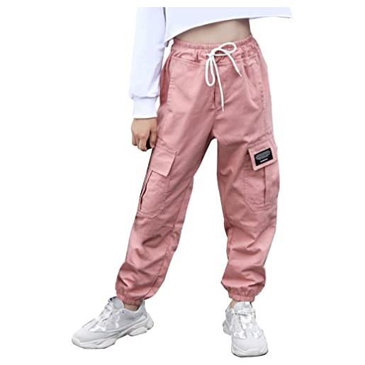 Adigau pantaloni cargo da bambina multi-tasche pantaloni da jogging hip hop streetwear a vita alta, b2, 7-8 anni