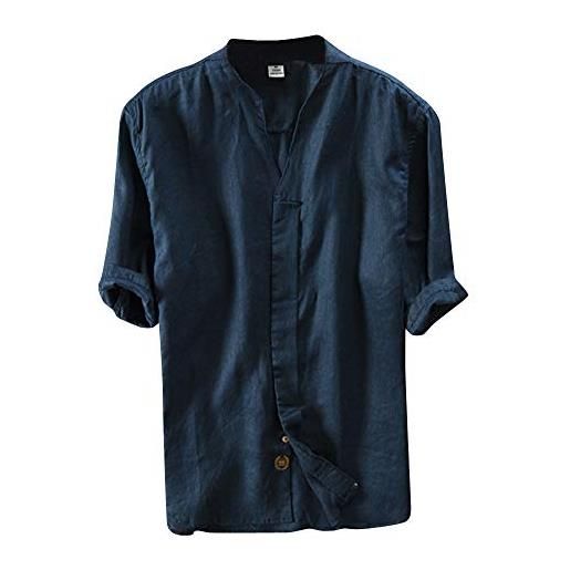 ShiFan camicia di lino uomo bluse e camicie eleganti v collo 1/2 manica lunga blu marino xl