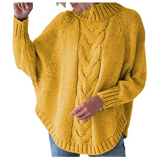 LZPCarra maglione da donna, oversize, maniche a pipistrello, maglione a maglia grossa, da donna, in cotone, a maniche lunghe, elegante, motivo a treccia, maglione vintage, giallo. , xxxl