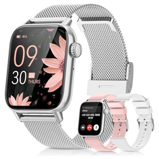 BANLVS smartwatch donna con chiamate, 1.85 orologio smartwatch 3 cinturini 110+ modalità sportive con spo2/sonno/contapassi, impermeabile ip68 fitness tracker per ios android, argento