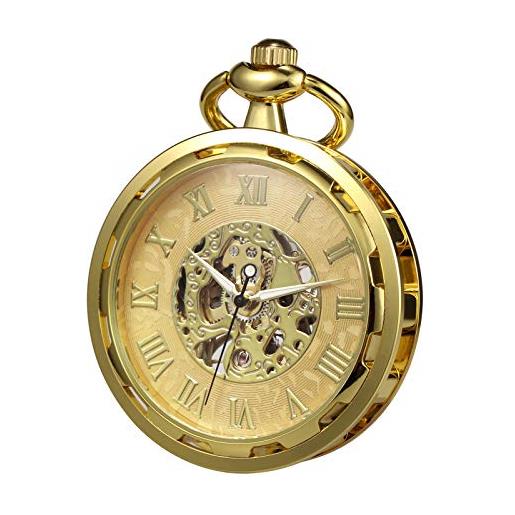 TREEWETO orologio da tasca con catena da uomo analogico meccanico a carica manuale aperto viso scheletro movimento, gold