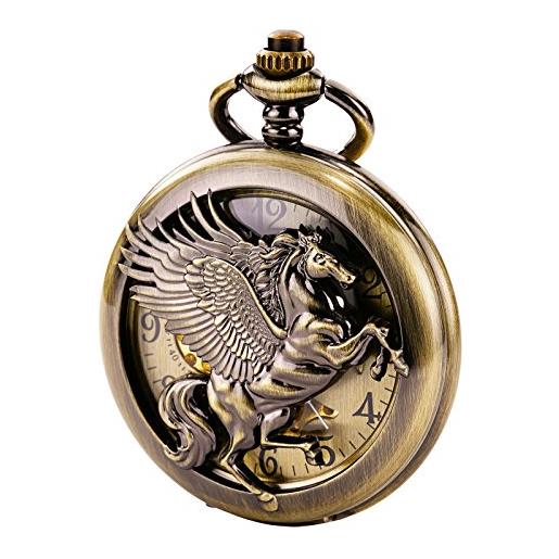 TREEWETO orologio da tasca meccanico vintage con scheletro traforato pegasus intagliato per uomo e donna, bronzo