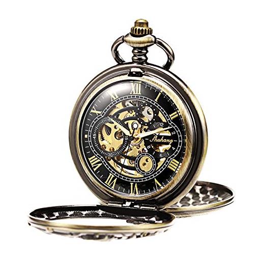 TREEWETO - orologio da tasca unisex, con catena, analogico, caricamento a mano, doppia cerniera, scheletrato, design con drago, antico, bronzo