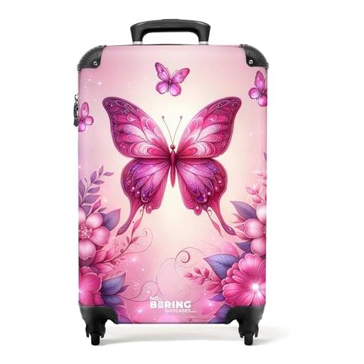 NoBoringSuitcases.com © valigia per bambini da viaggio con ruote, valigia trolley, guscio rigido, bagaglio a mano in 24 immagini (farfalle rosa tra fiori rosa e brillantini, 55x40x20 cm)