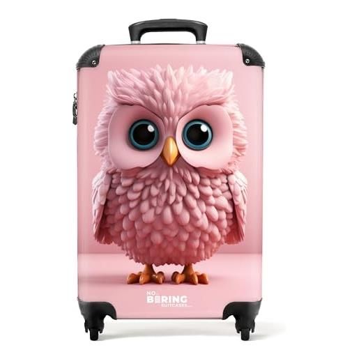 NoBoringSuitcases.com © valigia per bambini da viaggio con ruote, valigia trolley, guscio rigido, bagaglio a mano in 24 immagini (gufetto rosa su sfondo rosa, 55x40x20 cm)