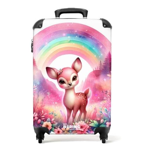 NoBoringSuitcases.com © valigia per bambini da viaggio con ruote, valigia trolley, guscio rigido, bagaglio a mano in 24 immagini (cerbiatto in un mondo delle favole rosa con arcobaleno, 55x40x20 cm)