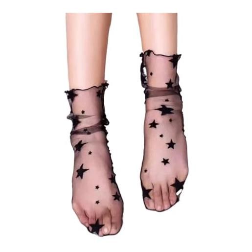 THEPOS calzini da donna con stampa a pois calzini corti da donna calzini da donna in nylon trasparente a rete con volant in pizzo di seta (color: x, size: 3 pairs-one size)